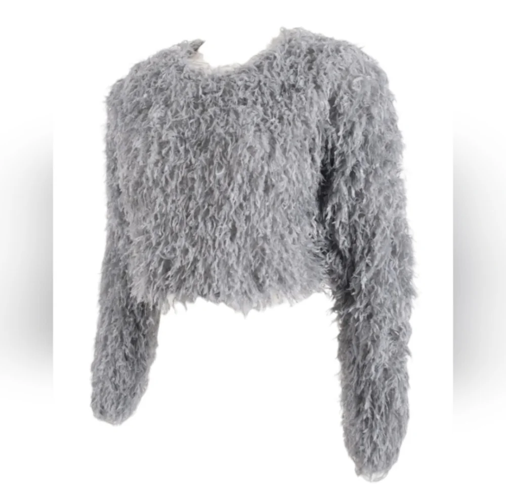 Zara Feather Effect Gray Long Sleeve Crop Top Women's Size Large L